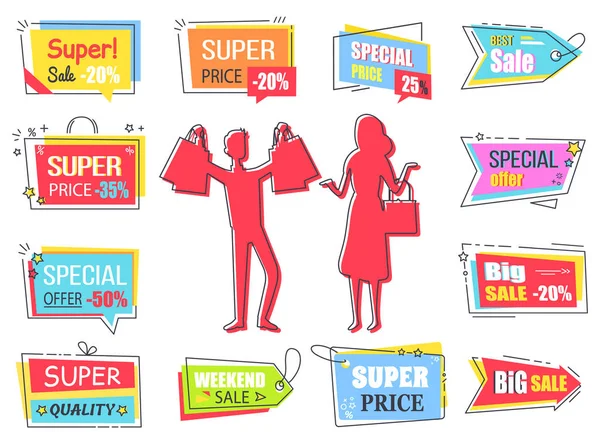 Суперпродаж, Мега Знижки Люди сумка для покупок — стоковий вектор