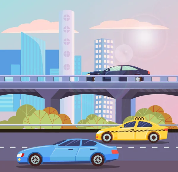 Automóvil en la ciudad, Vista de rascacielos, Vector automático — Vector de stock