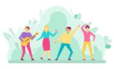 İnsanlar eğleniyor, dans ediyor ve şarkı söylüyor.