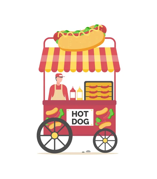 Hot Dog verkoper met voedsel en saus in flessen — Stockvector