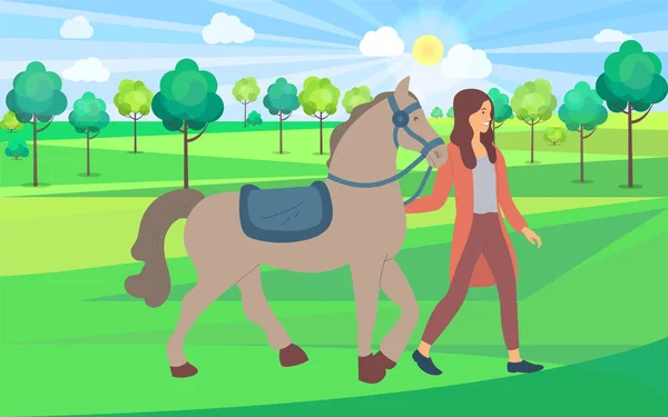 Žena a kůň v přírodě, parku nebo farmářské doménové struktuře — Stockový vektor