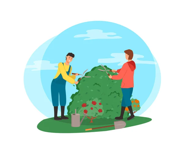 Les gens de l'agriculture homme et femme coupe des buissons vecteur — Image vectorielle