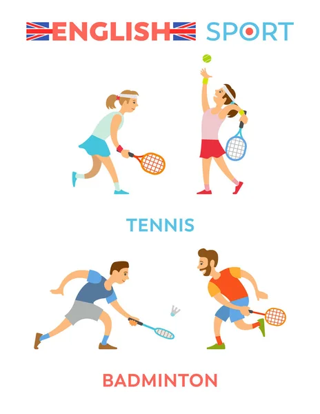 英語スポーツ,男の子と女の子テニスセットをプレイ — ストックベクタ