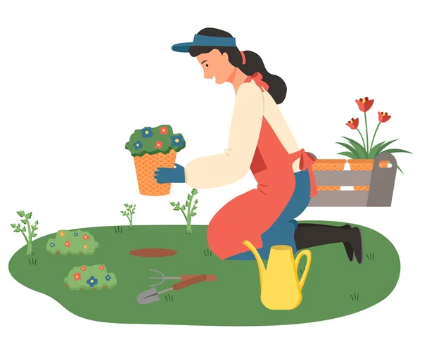 Mujer Jardinería, Dama con Flores en macetas Vector — Archivo Imágenes Vectoriales