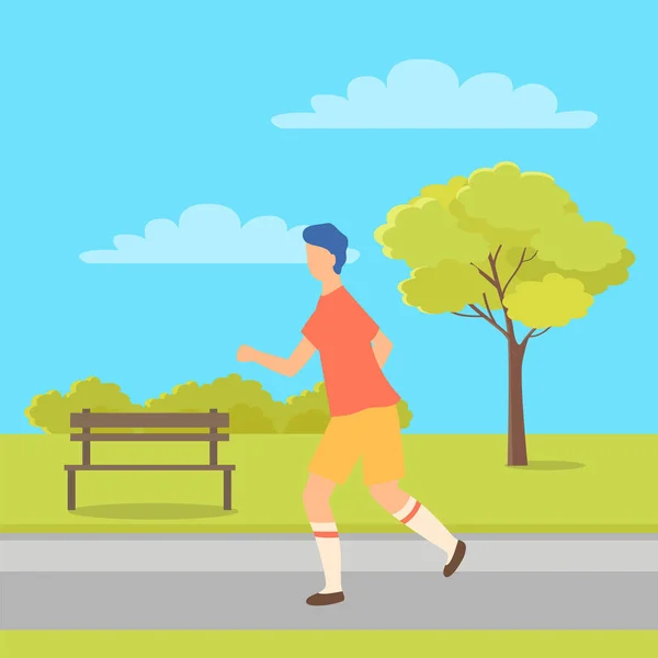 Sportivo ragazzo corridore corsa in parco panchina e albero — Vettoriale Stock