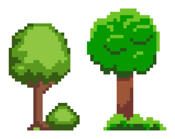 Green Tree and Bush with Grass, Pixel Game Vector — стоковий вектор