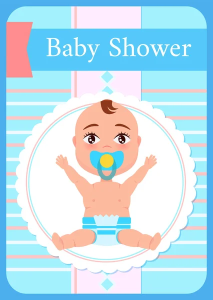 Baby Shower Greeting Card, Kid with Pacifier Sits — Stockvector