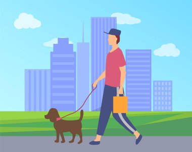Park Vektörü 'nde Erkek Karakteri Yürüyen Köpek