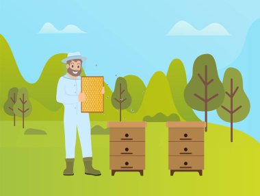 Apiary Beekeeping on Nature, Bearekeeper with Honey