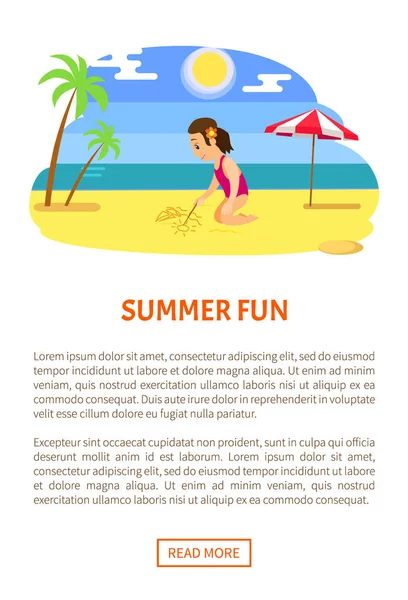 Diversión de verano, Chica se sienta y dibuja por palo en la playa — Vector de stock