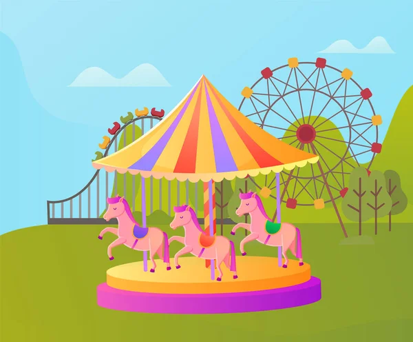 Parco divertimenti giostra con pony, animazione — Vettoriale Stock
