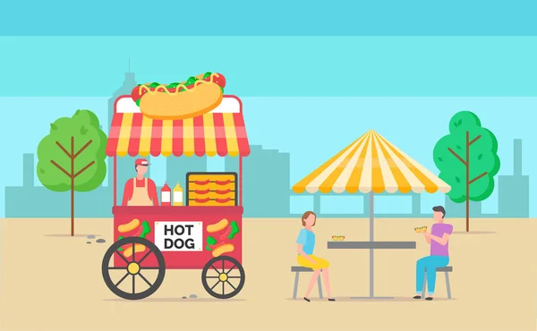 Vendedor de perros calientes con panecillos, personas comiendo a la sombra — Vector de stock