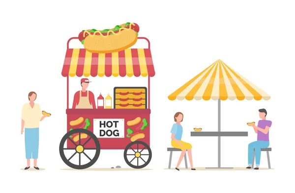Hot Dog verkopen spot en klanten eten voedsel — Stockvector