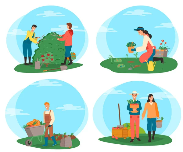 Agriculteurs travaillant sur la plantation, la récolte des personnes — Image vectorielle