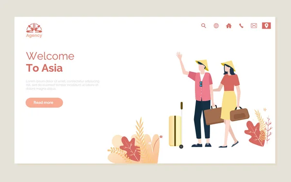 バッグ付き観光客のアジアへの休暇Webベクトル — ストックベクタ