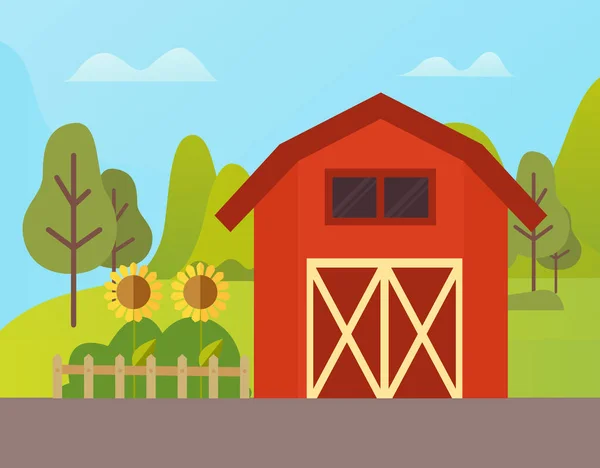 Boerderij, Ranch en Zonnebloemen Groeien op de grond — Stockvector