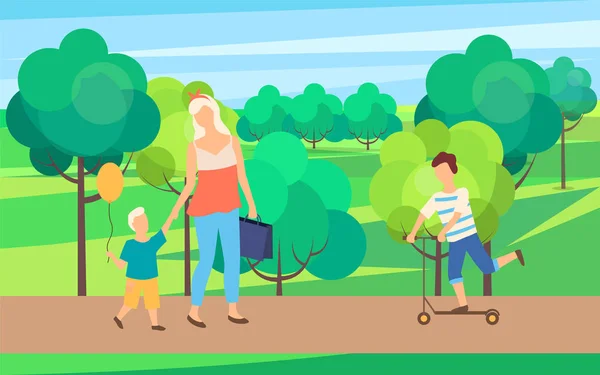 Anne ve Oğlu Yeşil Park 'ta Birlikte Yürüyor, Ağaçlar — Stok Vektör