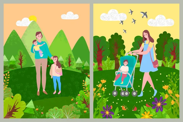 Женщина с детьми прогулки в лесу или парке — стоковый вектор