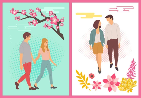 Pareja disfrutando de la primavera, hombre y mujer conjunto — Vector de stock