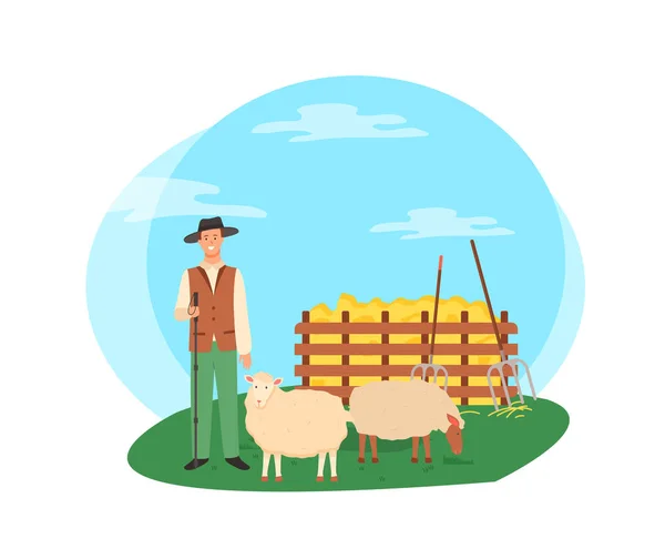 Rolnictwo człowiek rolnictwa, owce rolnicze rolnik wektor — Wektor stockowy