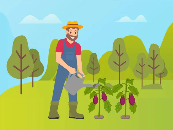 Agriculture homme sur la nature, personne avec arrosoir — Image vectorielle