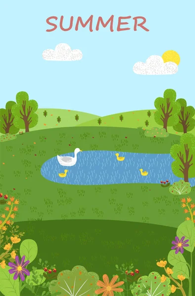 Літні сцени, ставок з лебедями, очищення зеленого еко — стоковий вектор