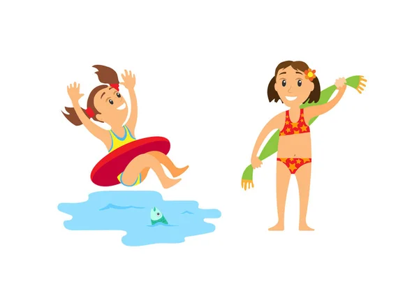 Enfant nageant dans la bouée de sauvetage, enfant avec serviette essuyant — Image vectorielle