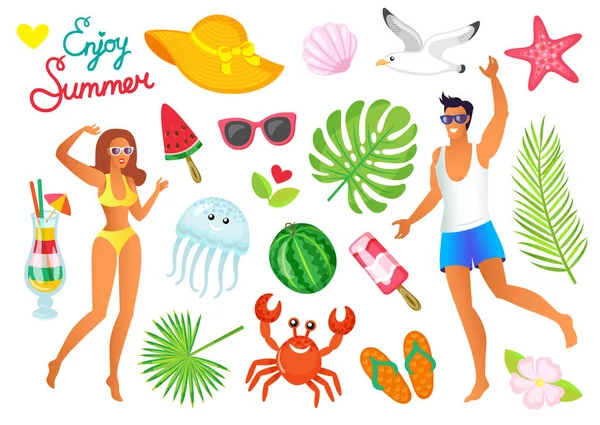 Hot Summer Symbols, Man and Woman in Swimwear — Stock Vector