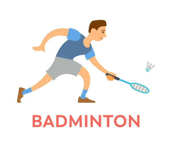 Juego de bádminton, raqueta de sujeción masculina en el vector de manos — Vector de stock