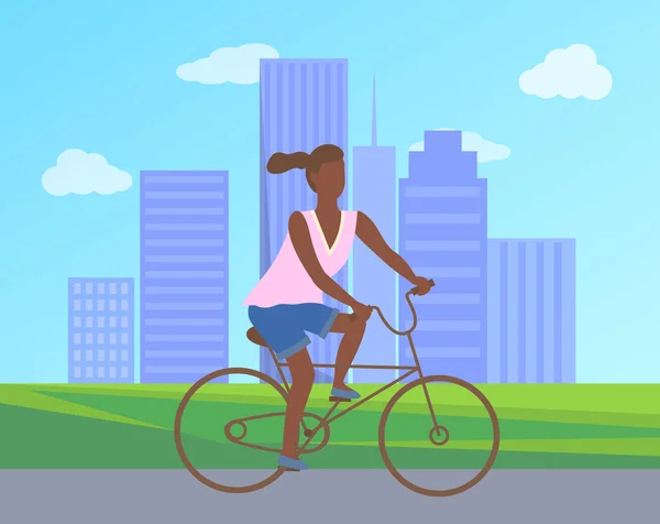 Chica Adolescente Bicicleta Personaje de dibujos animados, Edificios — Vector de stock