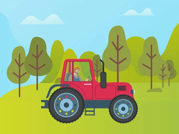 Tractor rojo en pradera verde entre árboles y arbustos — Vector de stock