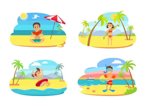 Παιδιά σε διακοπές, παιδιά στην παραλία Καλοκαίρι — Διανυσματικό Αρχείο