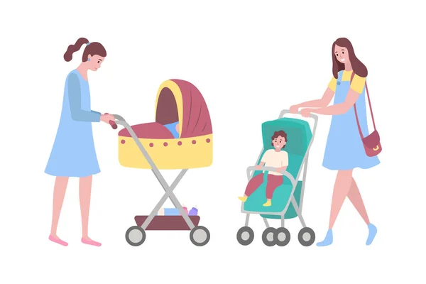 Nő és baba anyák babakocsival Set — Stock Vector