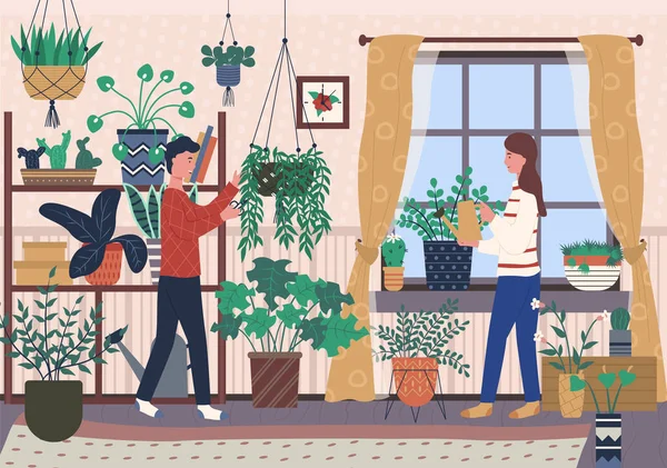 Rum med växter i krukor, människor som bryr sig om Flora — Stock vektor
