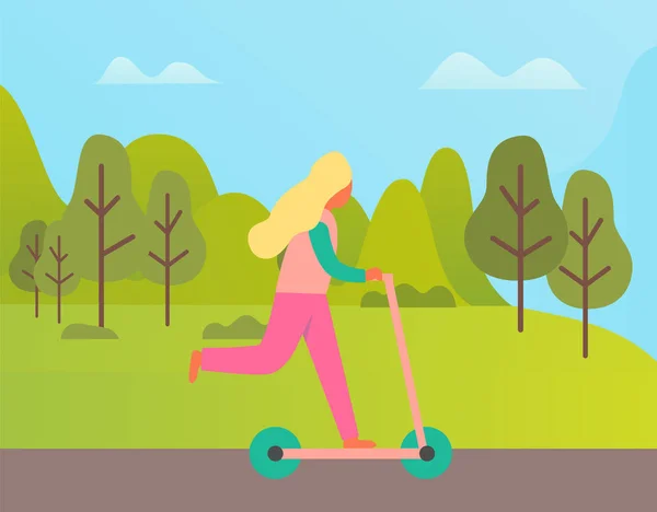 Mujer que monta la vespa al aire libre, vector verde de la naturaleza — Vector de stock