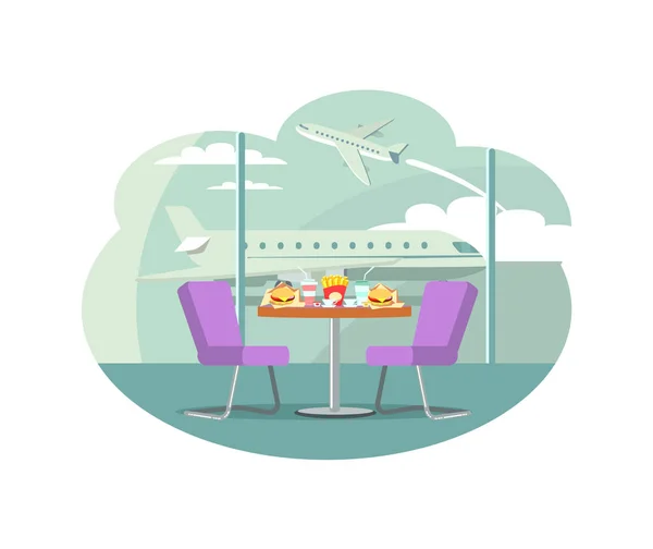 Bistro Café en el aeropuerto, Mesa con comida servida — Vector de stock