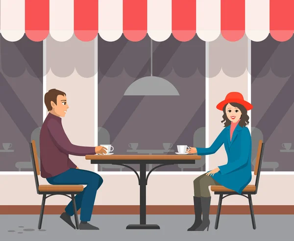 Bardak taşıyıcı ile Kafe 'de oturan adam ve kadın. — Stok Vektör