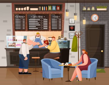 Erkek ve Kadın Kafe Vektöründe Kahveyle Oturuyorlar