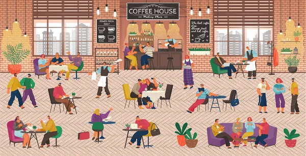 Cafetería Interior Clientes Beber Café — Vector de stock