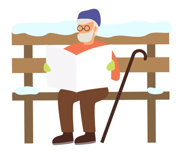 Senior Reading εφημερίδα για Snowy Bench Vector — Διανυσματικό Αρχείο