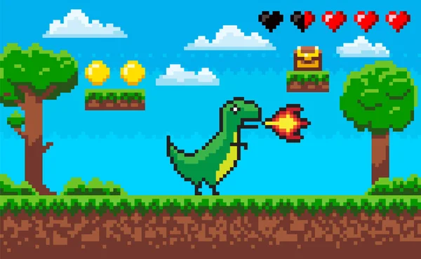Dinosauro con fiamme, vettore personaggio Pixelated — Vettoriale Stock
