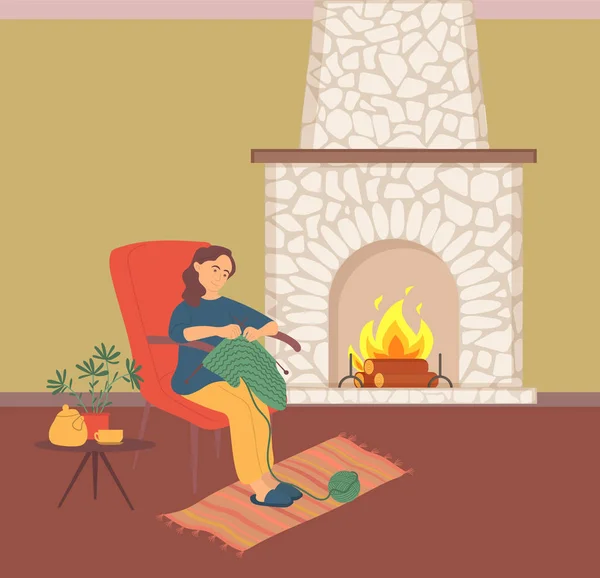 Female Crochets near Fireplace, Knitting Vector — Stock Vector