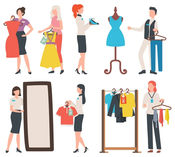 Personnes qui achètent des vêtements, Shopper et vendeur vecteur — Image vectorielle