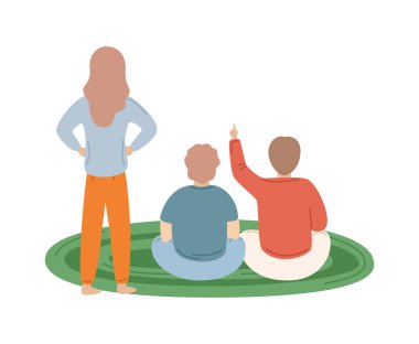 Anne ve Çocuklar Halı Vektörü Aile Arkası Görünümü