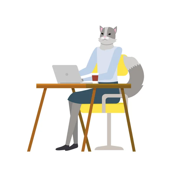 Cat Woman Character Working with Laptop Vector — Stockový vektor