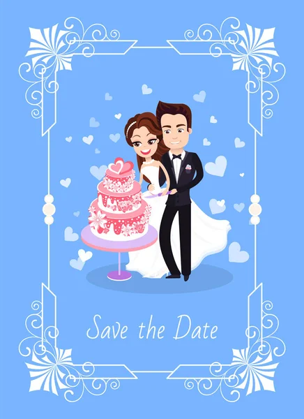 Bräutigam und Braut schneiden Kuchen, speichern Datumsvektor — Stockvektor