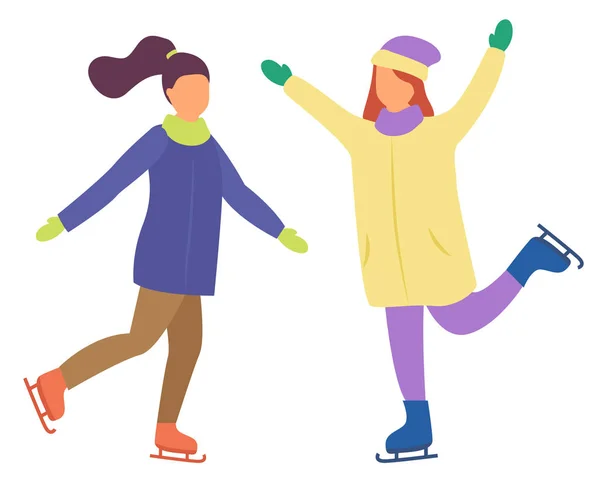 Deux filles patinent ensemble, Vacances d'hiver actives — Image vectorielle
