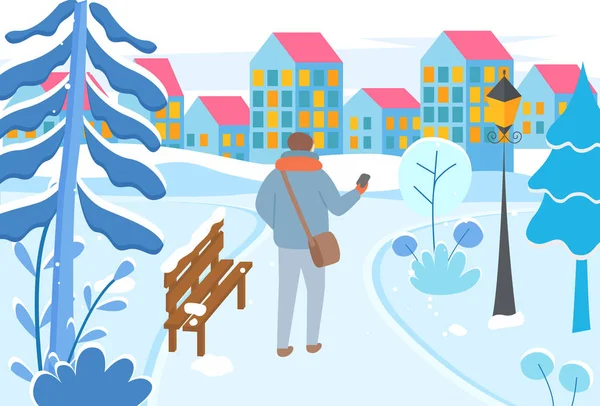 Winter Cityscape and Walking Character in City - Stok Vektor