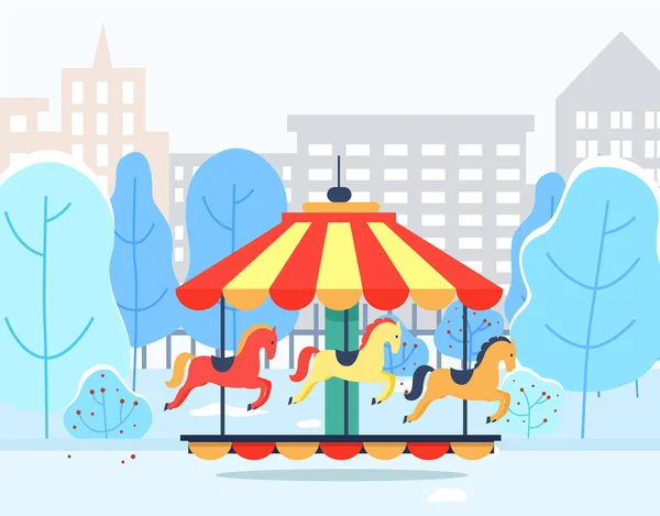 Carousel in Winter Park with Cityscape View Vector — Stock Vector