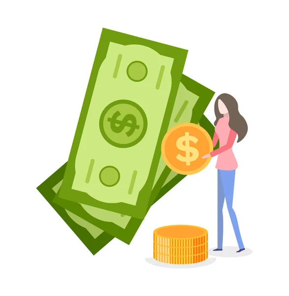 Woman Holding Coins Standing by Banknote Vector — ストックベクタ